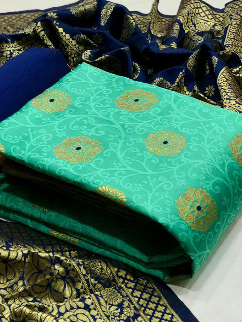 

MORLY Green & Blue Banarasi Jacquard Unstitched Dress Material
