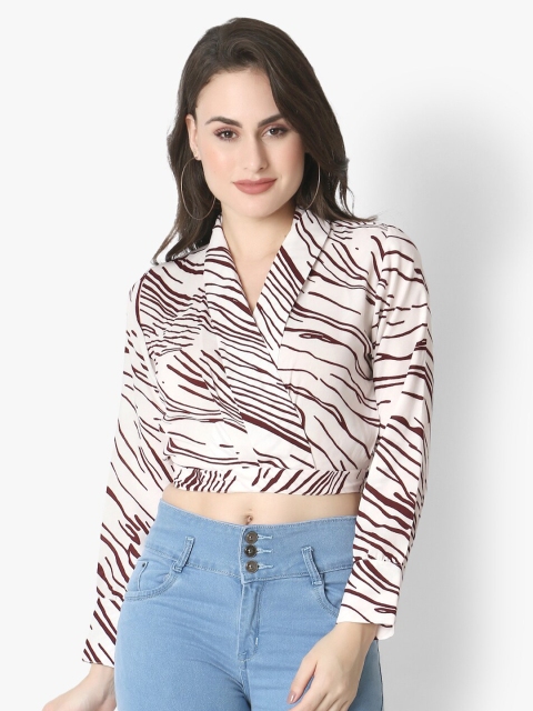 

Again fashions White Print Full-Sleeved Wrap Crop Top