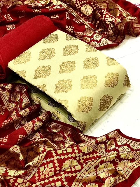 

MORLY Beige & Maroon Banarasi Jacquard Unstitched Dress Material