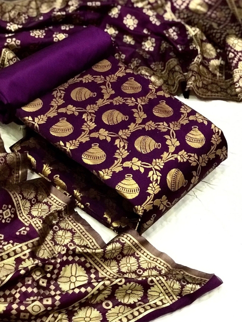 

MORLY Purple & Gold-Toned Dupion Silk Unstitched Dress Material