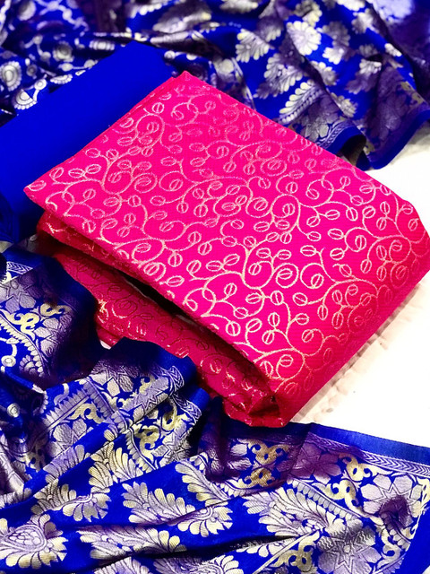 

MORLY Women Pink And Blue Woven Design Banarasi Dupion Silk Unstitched Dress Material