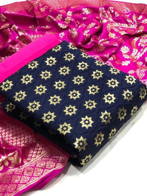 

MORLY Women Navy Blue And Pink Woven Design Banarasi Dupion Silk Unstitched Dress Material
