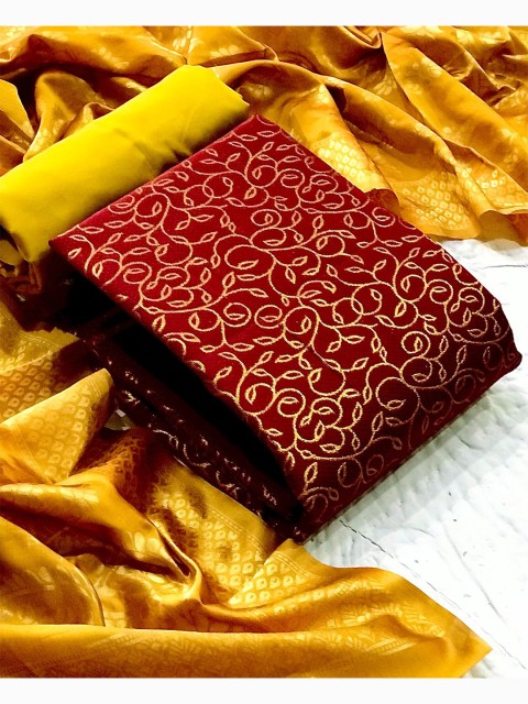 

MORLY Maroon & Yellow Printed Dupion Silk Unstitched Dress Material