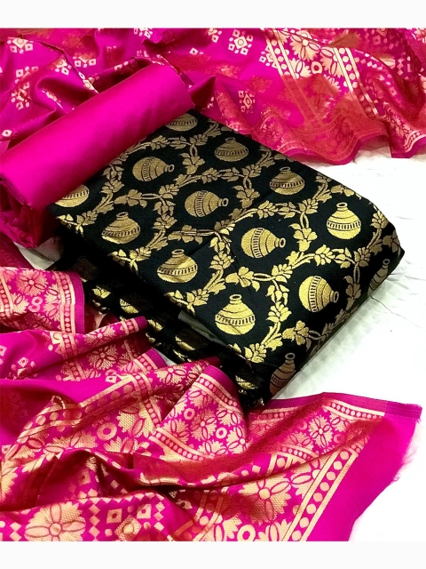 

MORLY Black & Pink Dupion Silk Unstitched Dress Material