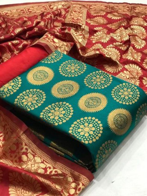 

MORLY Green & Maroon Dupion Silk Unstitched Dress Material