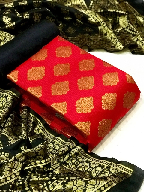 

MORLY Red & Black Dupion Silk Unstitched Dress Material