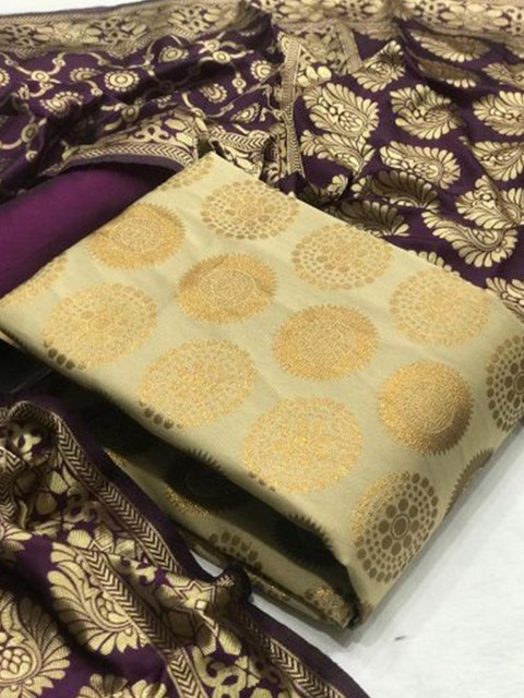 

MORLY Beige & Purple Dupion Silk Unstitched Dress Material