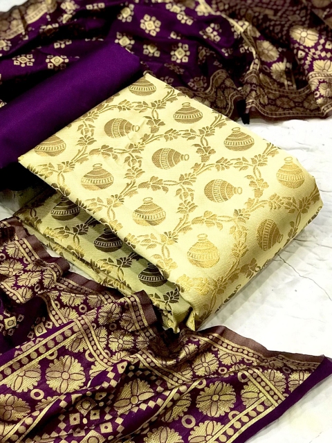 

MORLY Women Beige & Purple Dupion Silk Unstitched Dress Material