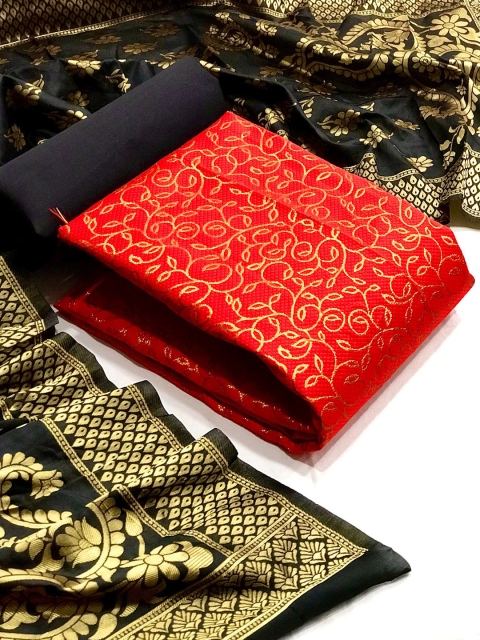 

MORLY Women Red & Black Woven Design Dupion Silk Unstitched Dress Material