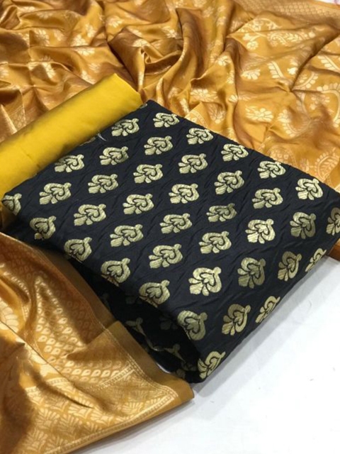 

MORLY Women Black & Mustard Dupion Silk Unstitched Dress Material