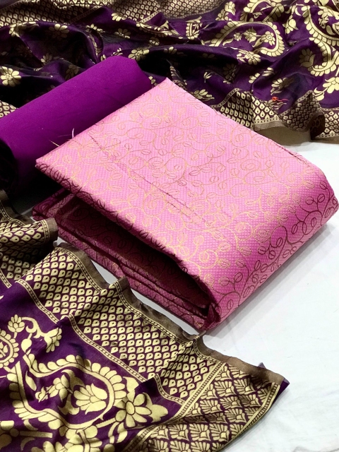 

MORLY Pink & Purple Dupion Silk Unstitched Dress Material