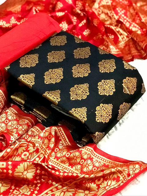 

MORLY Black & Red Dupion Silk Unstitched Dress Material