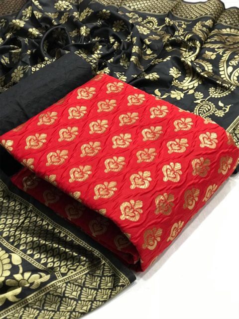 

MORLY Women Red & Black Dupion Silk Unstitched Dress Material