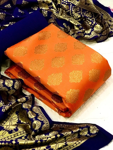 

MORLY Orange & Blue Dupion Silk Unstitched Dress Material