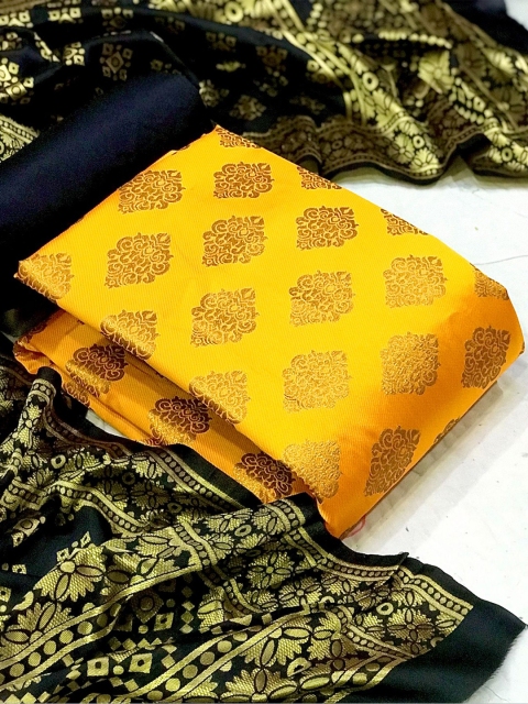 

MORLY Yellow & Black Dupion Silk Unstitched Dress Material