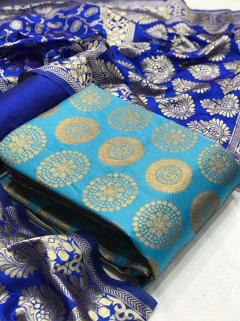

MORLY Turquoise Blue & Gold-Toned Printed Dupion Silk Unstitched Dress Material