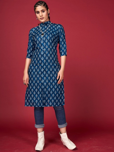 

SHOPGARB Women Blue Ethnic Motifs Printed Straight Kurta