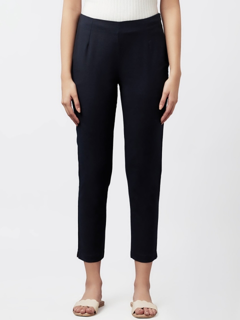 

W Women Navy Blue Slim Fit Pleated Trousers