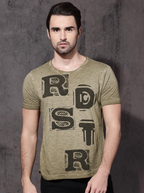 

Roadster Men Khaki Printed Round Neck T-shirt