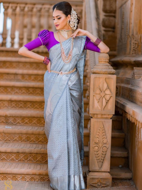 

Zabukee Blue Woven Design Zari Silk Blend Banarasi Saree