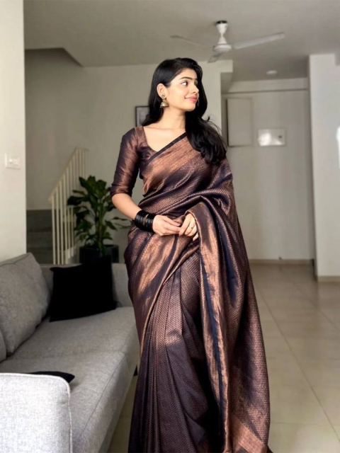 

Zabukee Black & Copper-Toned Woven Design Zari Pure Silk Banarasi Saree
