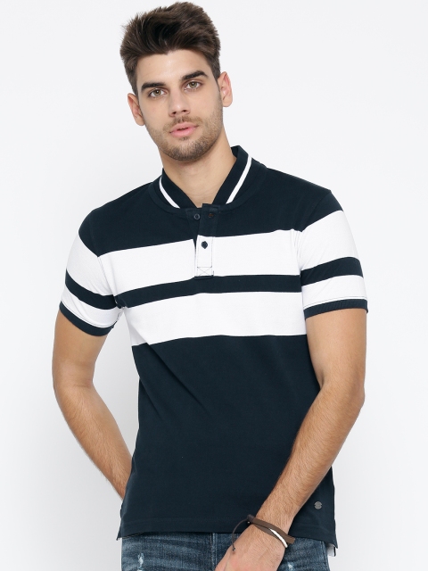 

Roadster Men Navy Blue & White Striped Stand Collar T-shirt