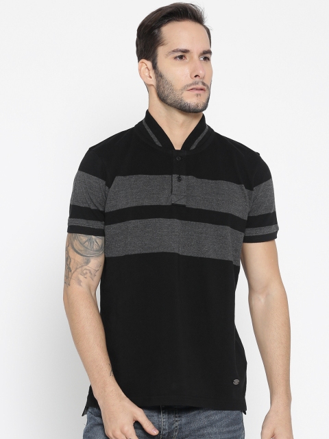 

Roadster Men Black Striped Stand Collar T-shirt