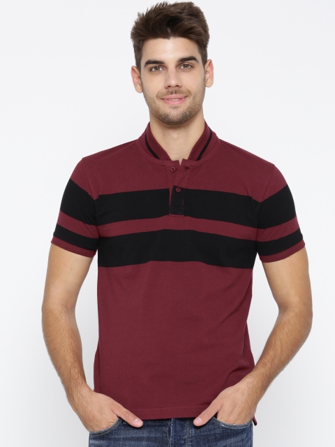 

Roadster Men Burgundy & Black Striped Stand Collar T-shirt