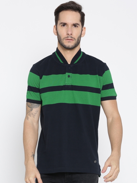

Roadster Men Navy & Green Striped Stand Collar T-shirt, Navy blue