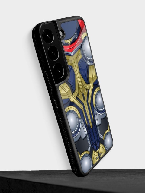 

macmerise Blue & Gold-Toned Printed Samsung S22 Glass Phone Back Case