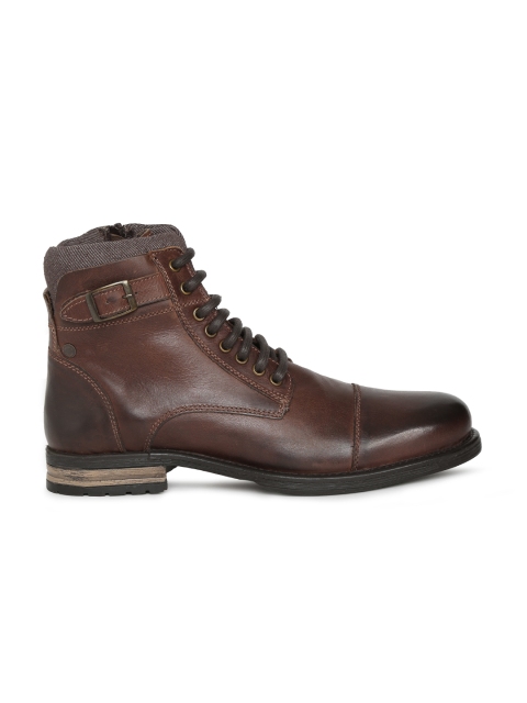 

Jack & Jones Men Brown Solid Leather High-Top Flat Boots