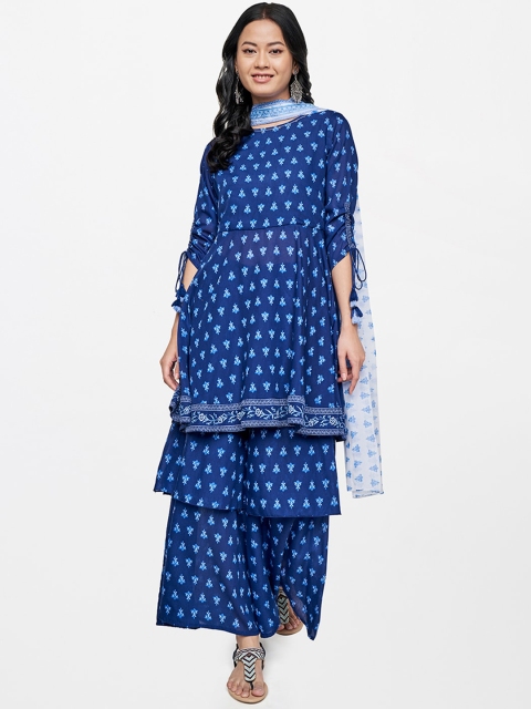 

Global Desi Women Blue Printed A-Line Kurta with Sharara & With Dupatta