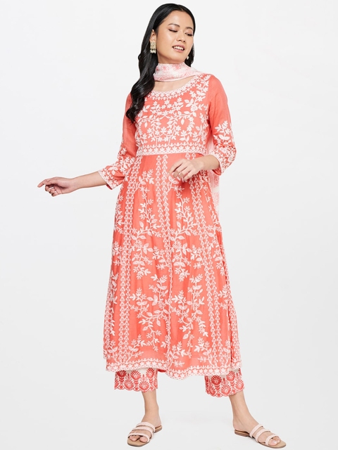 

Global Desi Women Coral Ethnic Motifs Embroidered Kurta with Palazzos & With Dupatta