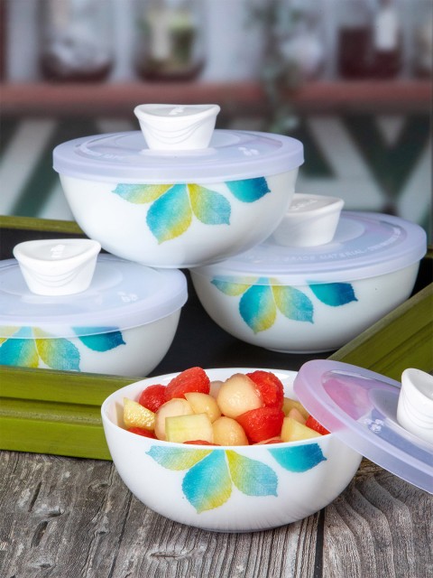

Cello White & Blue 4 Pieces Floral Printed Opalware Glossy Bowls