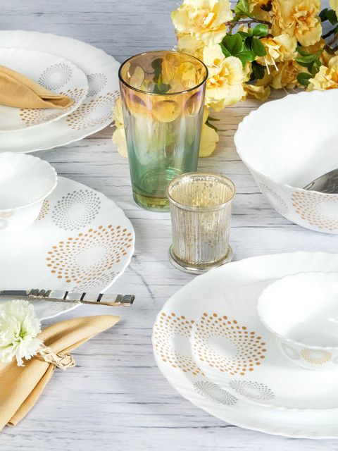 

Cello White & Orange Pieces Handcrafted Printed Opalware Glossy Dinner Set