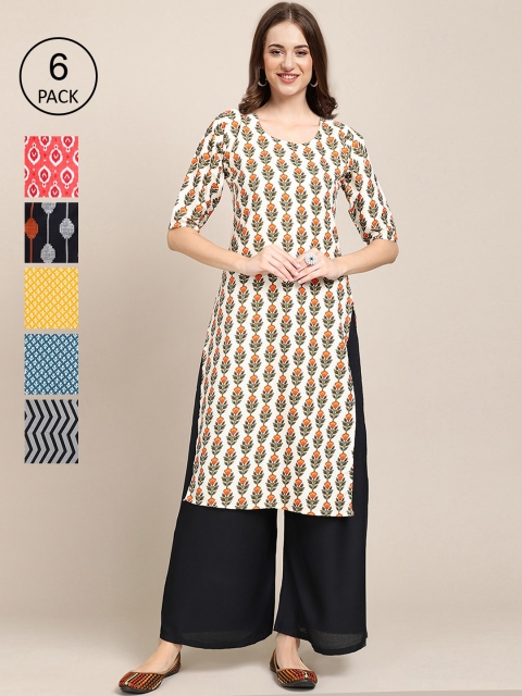 

KALINI Women Pack of 6 Ethnic Motifs Printed Crepe Kurta, White