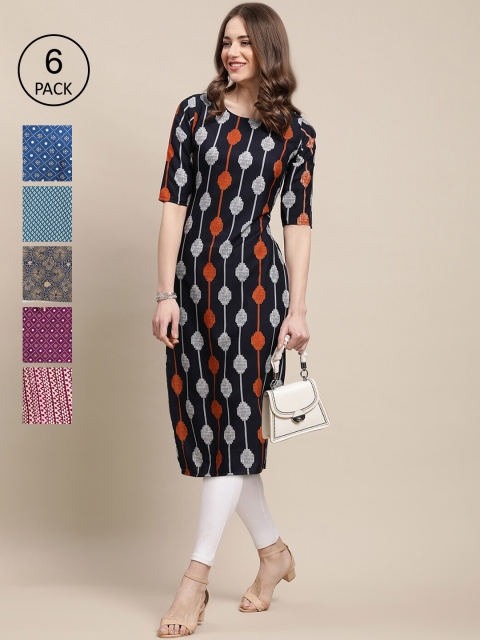 

KALINI Women Pack of 6 Ethnic Motifs Printed Crepe Kurta, Black