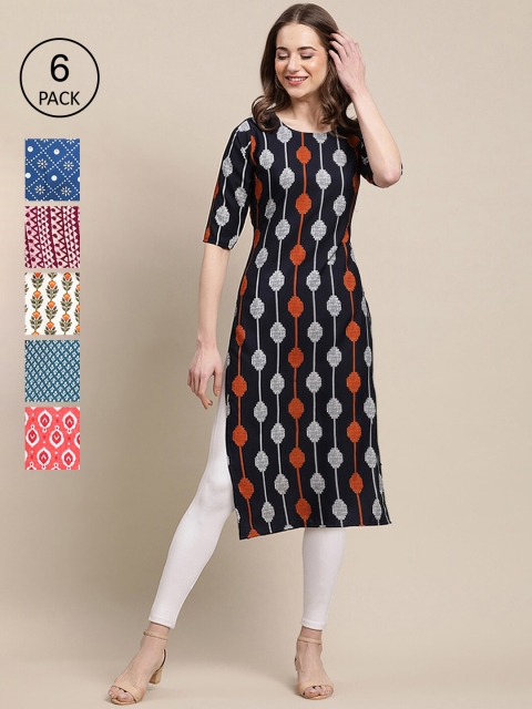 

KALINI Women Black & Navy Blue Geometric Printed Block Print Crepe Kurta