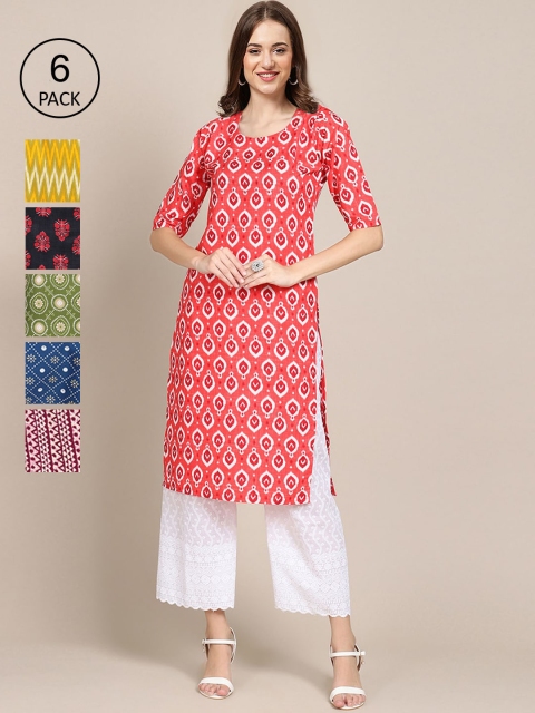 

KALINI Women Pack of 6 Ethnic Motifs Printed Crepe Kurta, Pink