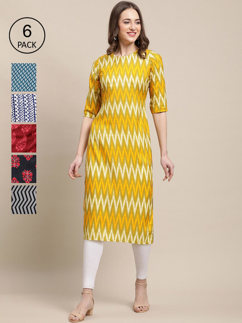 

KALINI Women Pack of 6 Crepe Kurta, Yellow