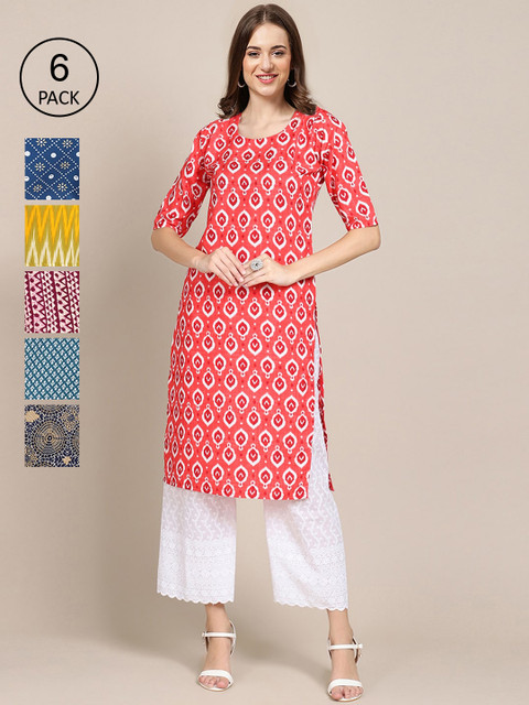 

KALINI Women Pack Of 6 Floral Printed Crepe Straight Kurta, Blue