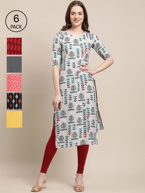 

KALINI Women Pack of 6 Geometric Printed Crepe Straight Kurta, Yellow