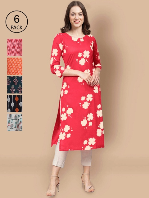 

KALINI Women Pink & Green Floral Embroidered Block Print Crepe Kurta
