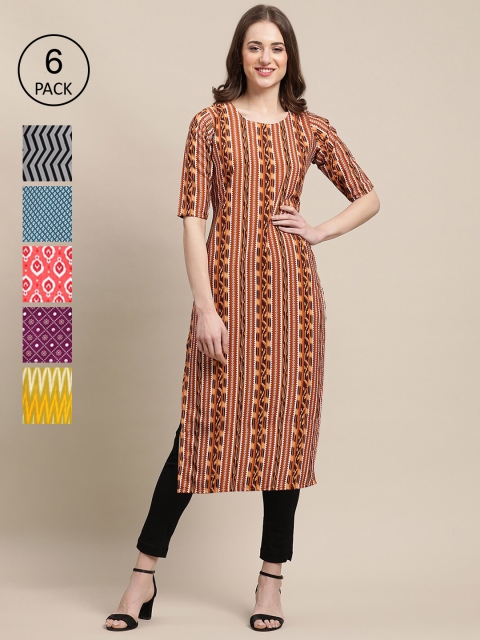 

KALINI Pack Of 6 Women Printed Crepe Kurta, Teal
