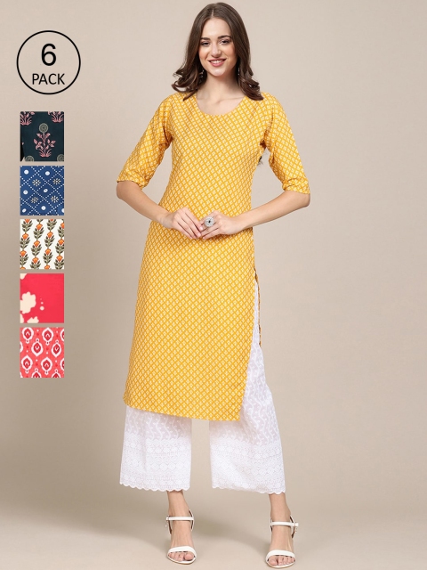 

KALINI Women Pack of 6 Crepe Kurta, Yellow