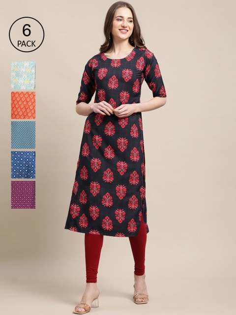 

KALINI Women Multicoloured Geometric Printed Thread Work Block Print Crepe Kurta, Multi