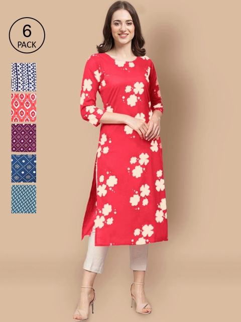 

KALINI Women Pack Of 6 Ethnic Motifs Printed Block Print Crepe Kurta, Multi