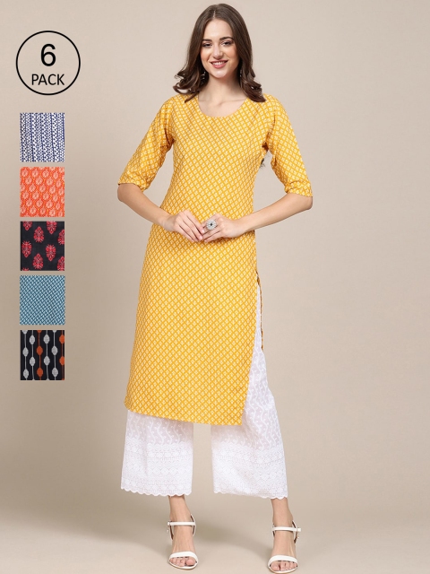 

KALINI Women Pack of 6 Crepe Kurta, Yellow