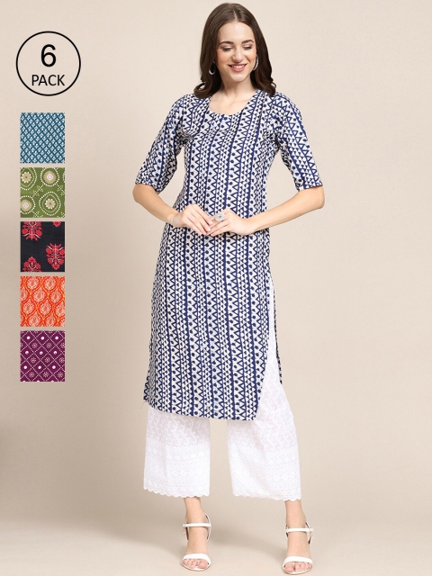 

KALINI Women Pack of 6 Printed Crepe Straight Kurta, Blue