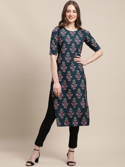 

KALINI Women Green & Orange Pack Of 4 Ethnic Motifs Printed Crepe Kurtas